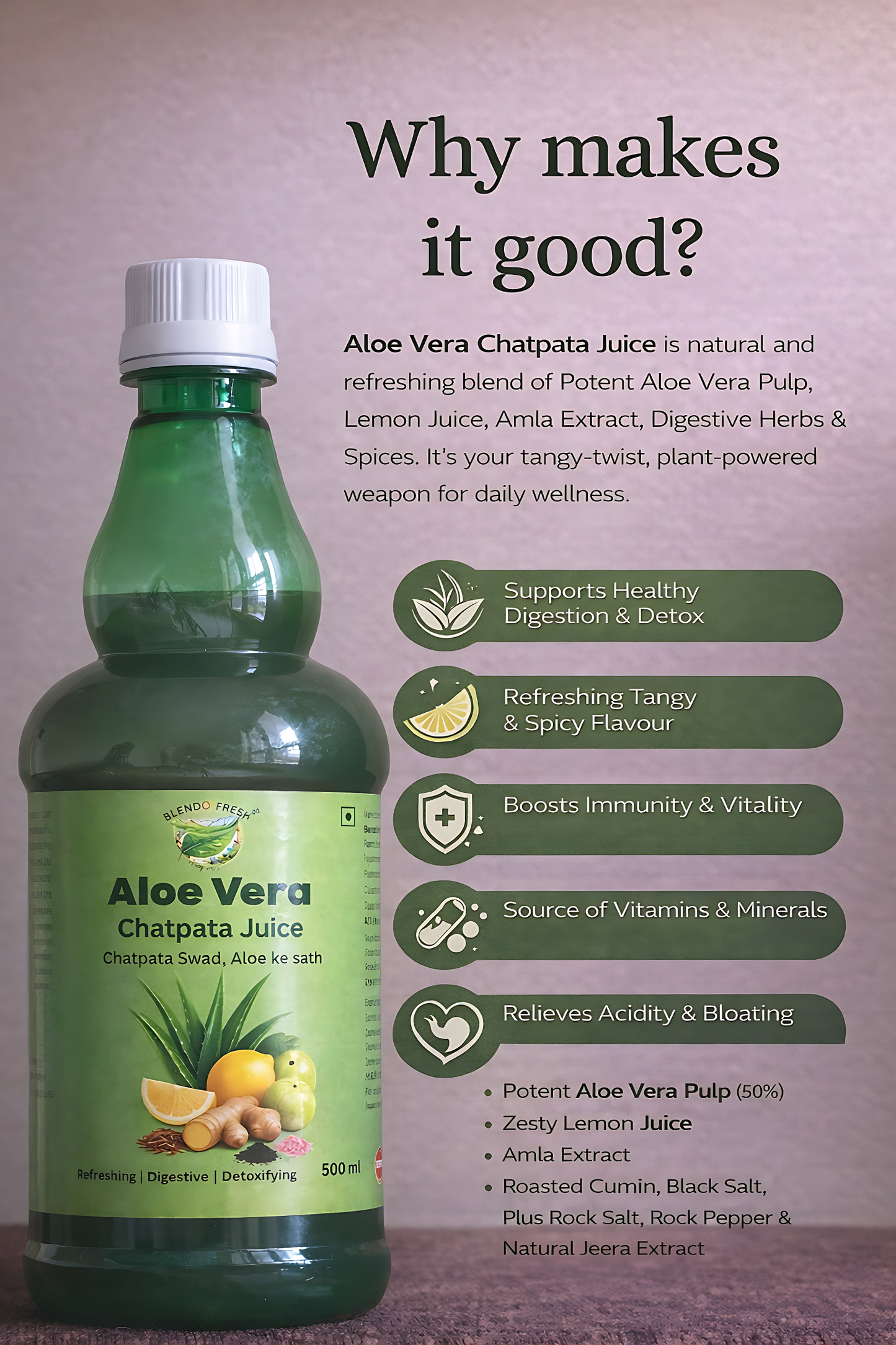 Aloe Vera Chatpata Juice – Digestive, Detox, Acidity Relief, Sugar Free, Premium Herbal Wellness Drink