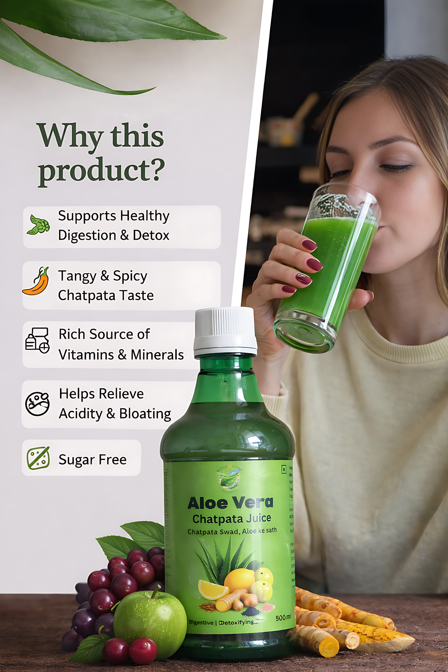 Aloe Vera Chatpata Juice – Digestive, Detox, Acidity Relief, Sugar Free, Premium Herbal Wellness Drink