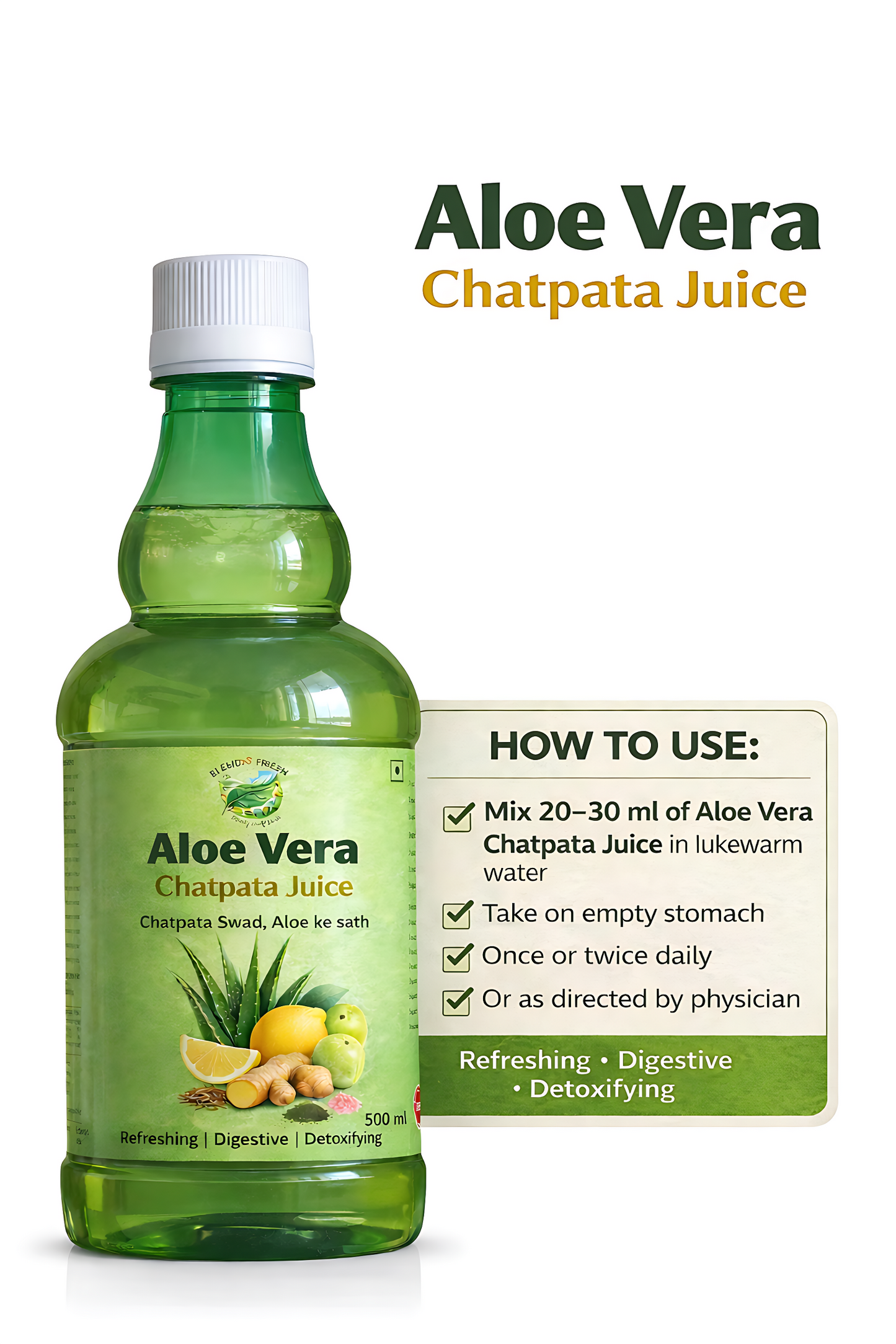Aloe Vera Chatpata Juice – Digestive, Detox, Acidity Relief, Sugar Free, Premium Herbal Wellness Drink