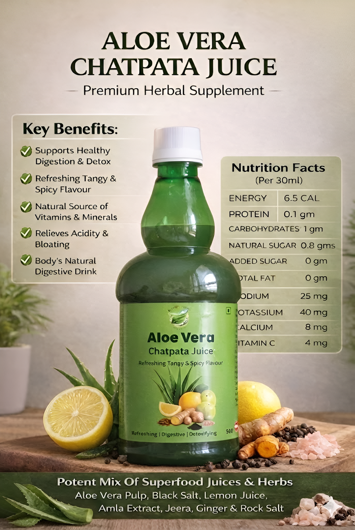 Aloe Vera Chatpata Juice – Digestive, Detox, Acidity Relief, Sugar Free, Premium Herbal Wellness Drink